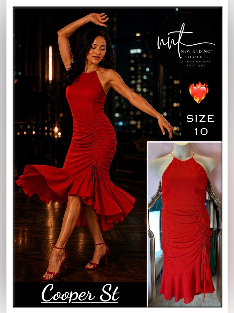 ❤️ Cooper St Ti Amo Sleeveless Drape Dress Red Ruched Ruffle Midi Size 10